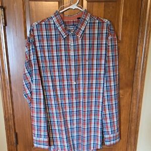 Izod Blue and Red Casual Button Down Shirt with Lightweight Fabric